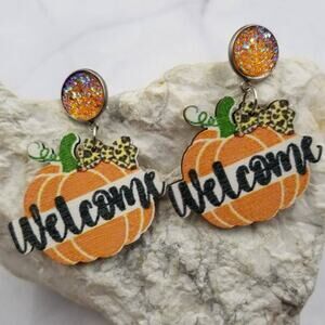 Welcome Fall Pumpkin Wood and Iridescent Druzy Stud Dangle Earrings